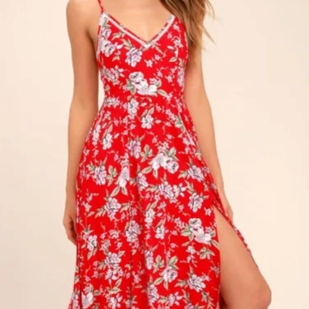 Lulus Midi Red and White Floral Dress, Medium